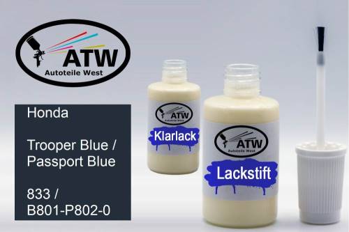 Honda, Trooper Blue / Passport Blue, 833 / B801-P802-0: 20ml Lackstift + 20ml Klarlack - Set, von ATW Autoteile West.